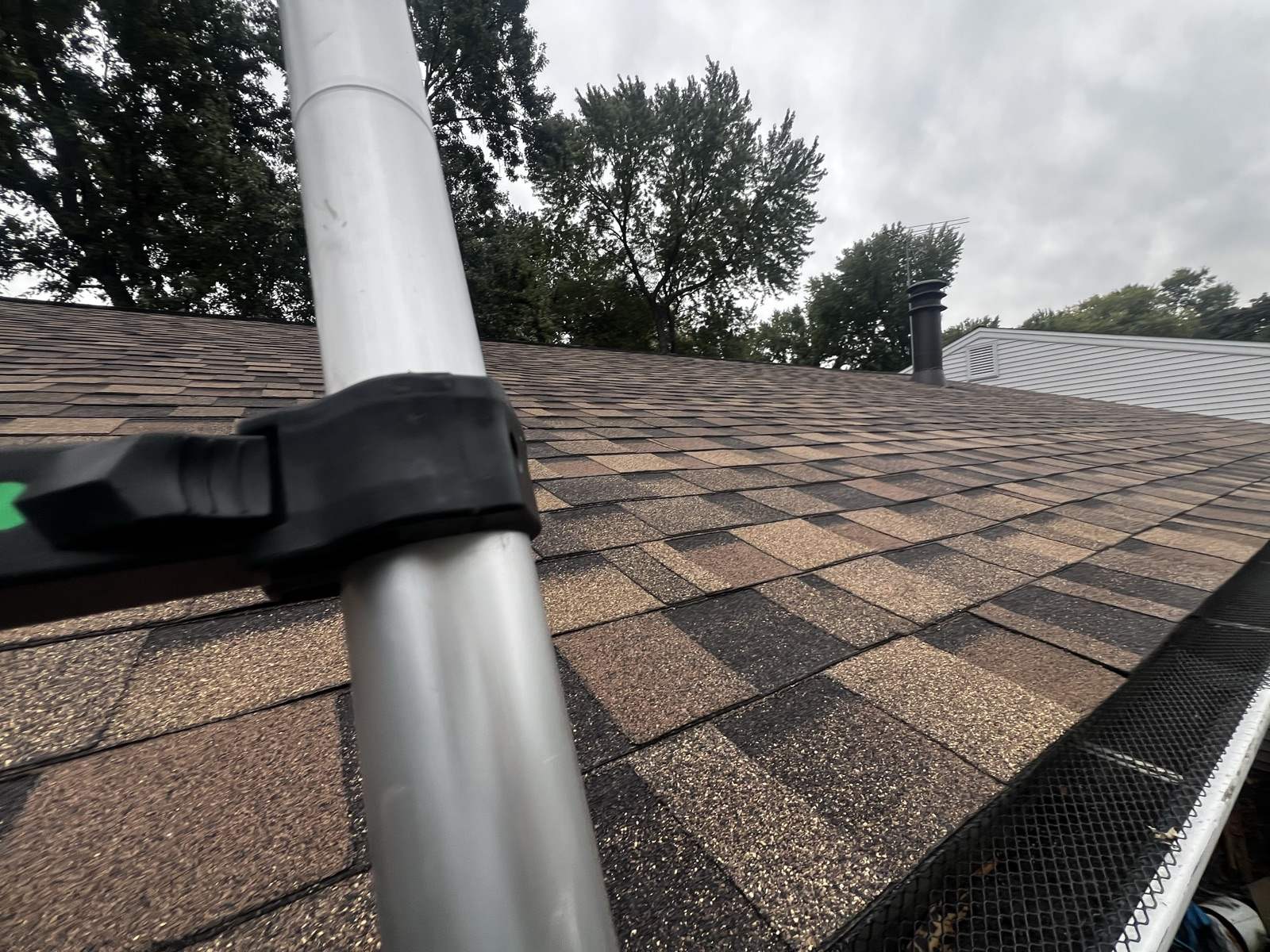 A gutter fitted with a black mesh guard running along the eave of a weathered brown shingle roof, photographed from a ladder